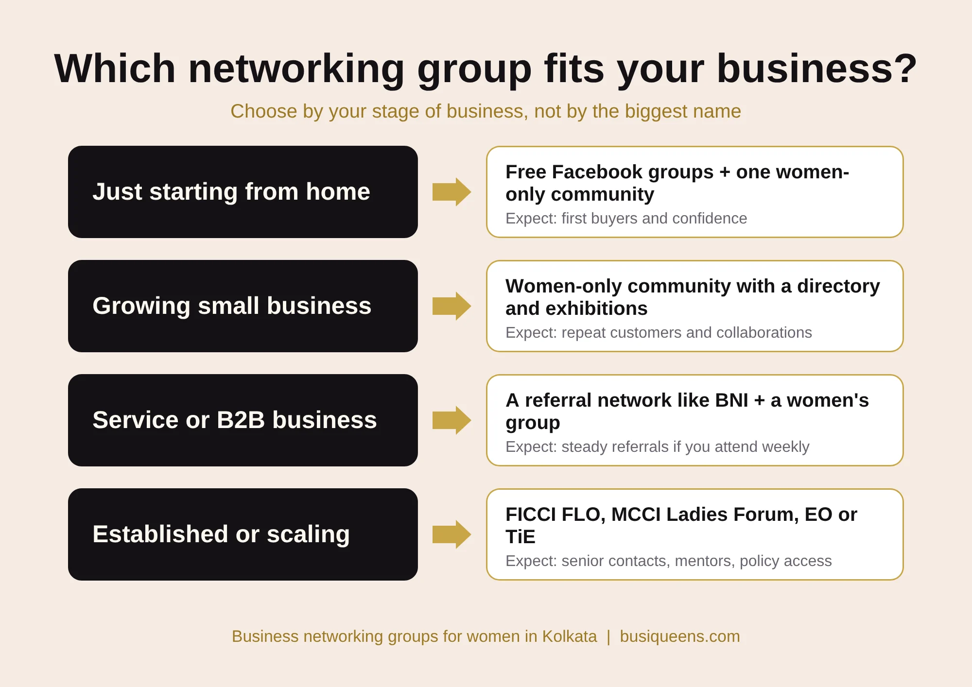 Which business networking group fits you: free groups for home starters, women-only communities for growing businesses, BNI for service businesses, FLO, MCCI, EO or TiE for established companies