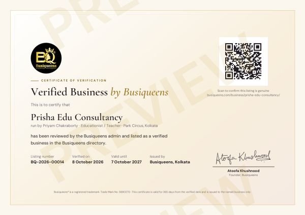 Busiqueens verified business certificate preview for Prisha Edu Consultancy