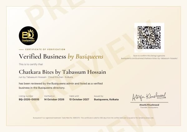 Busiqueens verified business certificate preview for Chatkara Bites by Tabassum Hossain